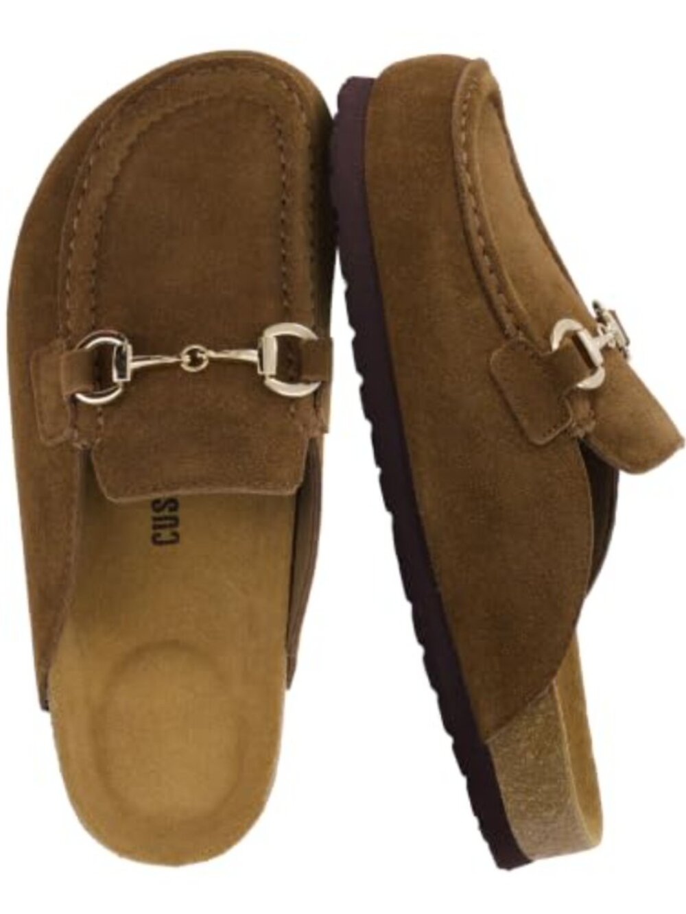 Suede Clog Mules with Gold Horsebit Slip-On Cork Footbed